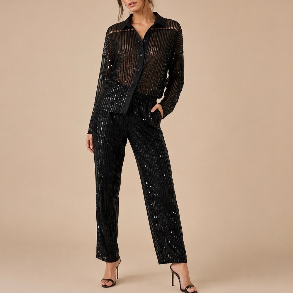 Blumin Apparel Black Sequin Sheer Mesh 2 Pc Pant Set S Glam Statement Evening